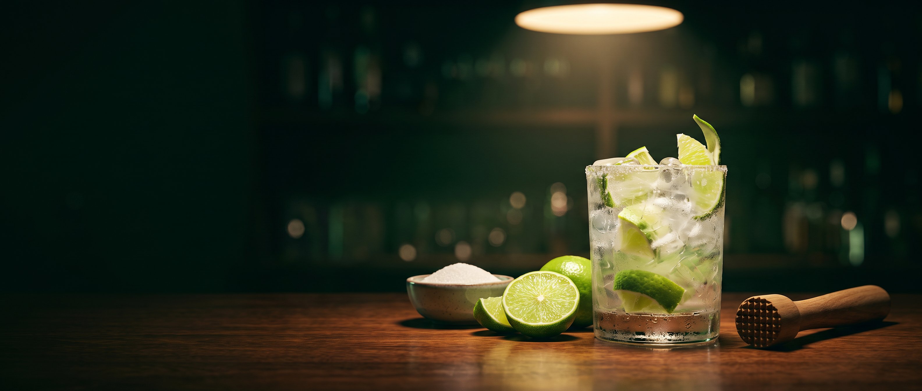A caipirinha on a dark bar top with limes, sugar and a muddler