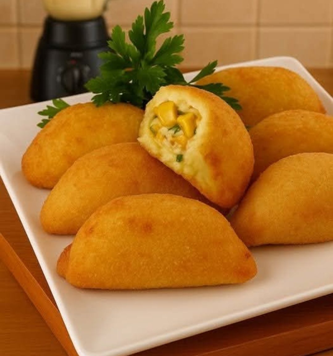 A plate of golden salgados, one cut open showing the creamy filling