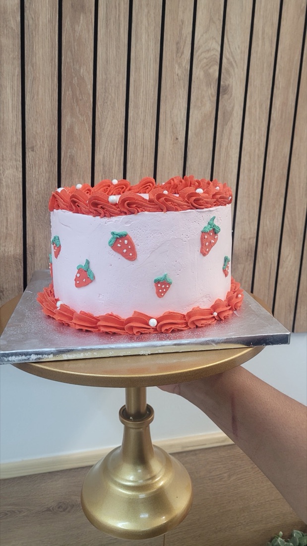 A strawberry-cream celebration cake made at The Brazilian Pastry